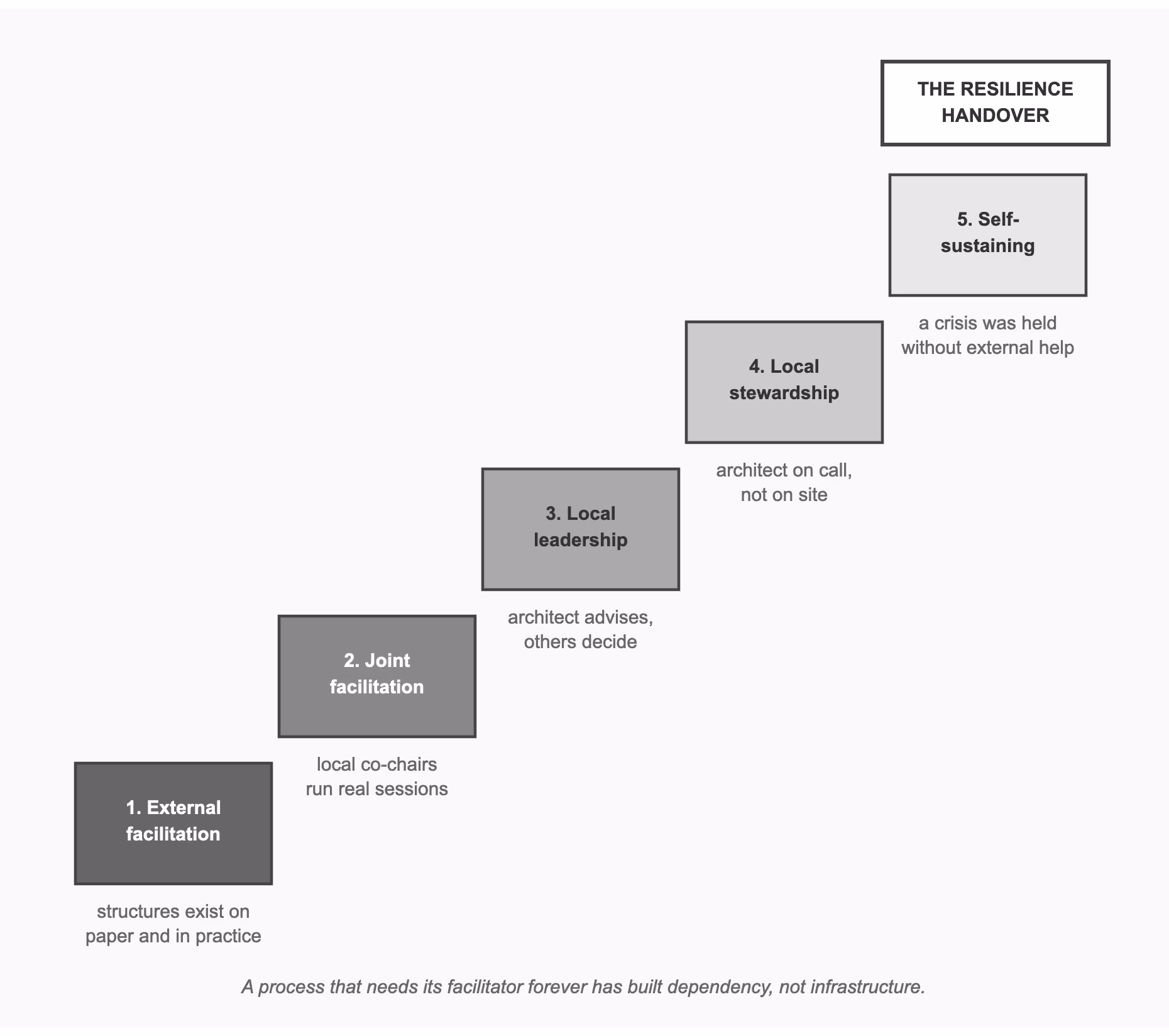 Figure 13. The Resilience Handover staircase: five steps from external facilitation to a self-sustaining local function.