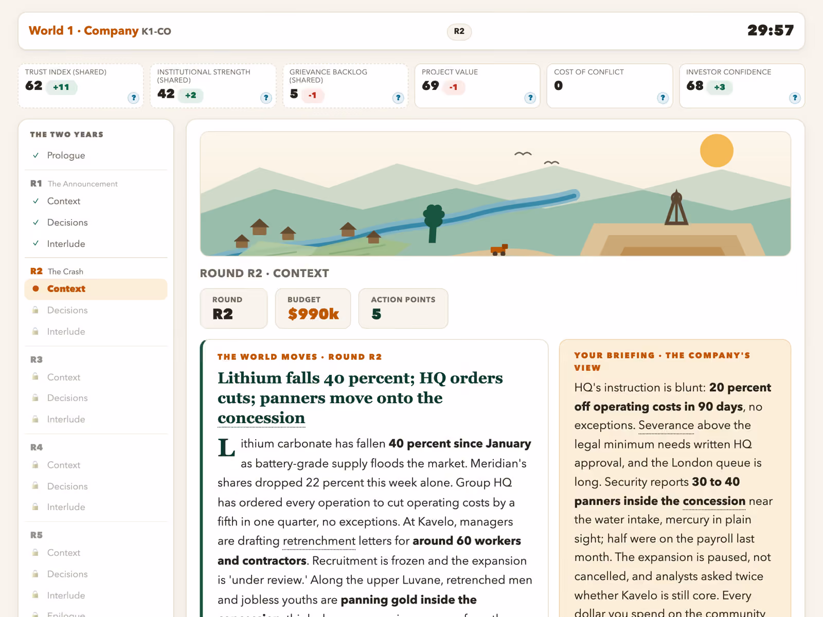 A round in progress in The Accord Game: shared indicators along the top, the round's context and the company's private briefing side by side